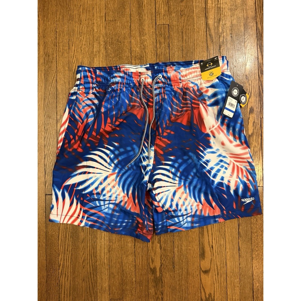 Speedo Men's XL Red White Blue Palms Lined Elastic Waist Pockets Swim Trunks